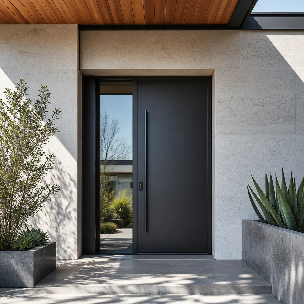Minimalist black modern front door installation in a contemporary stone house entrance