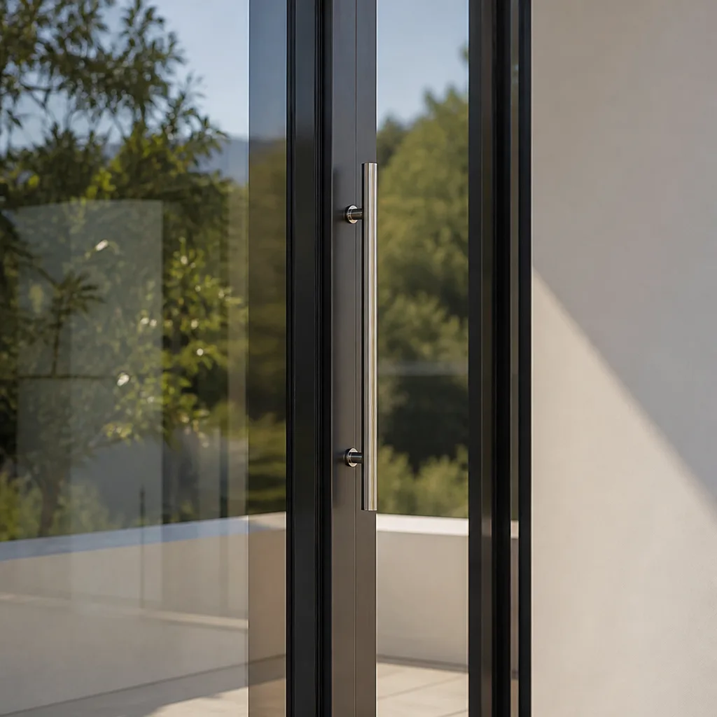 Modern black framed glass door with stainless steel handle.
