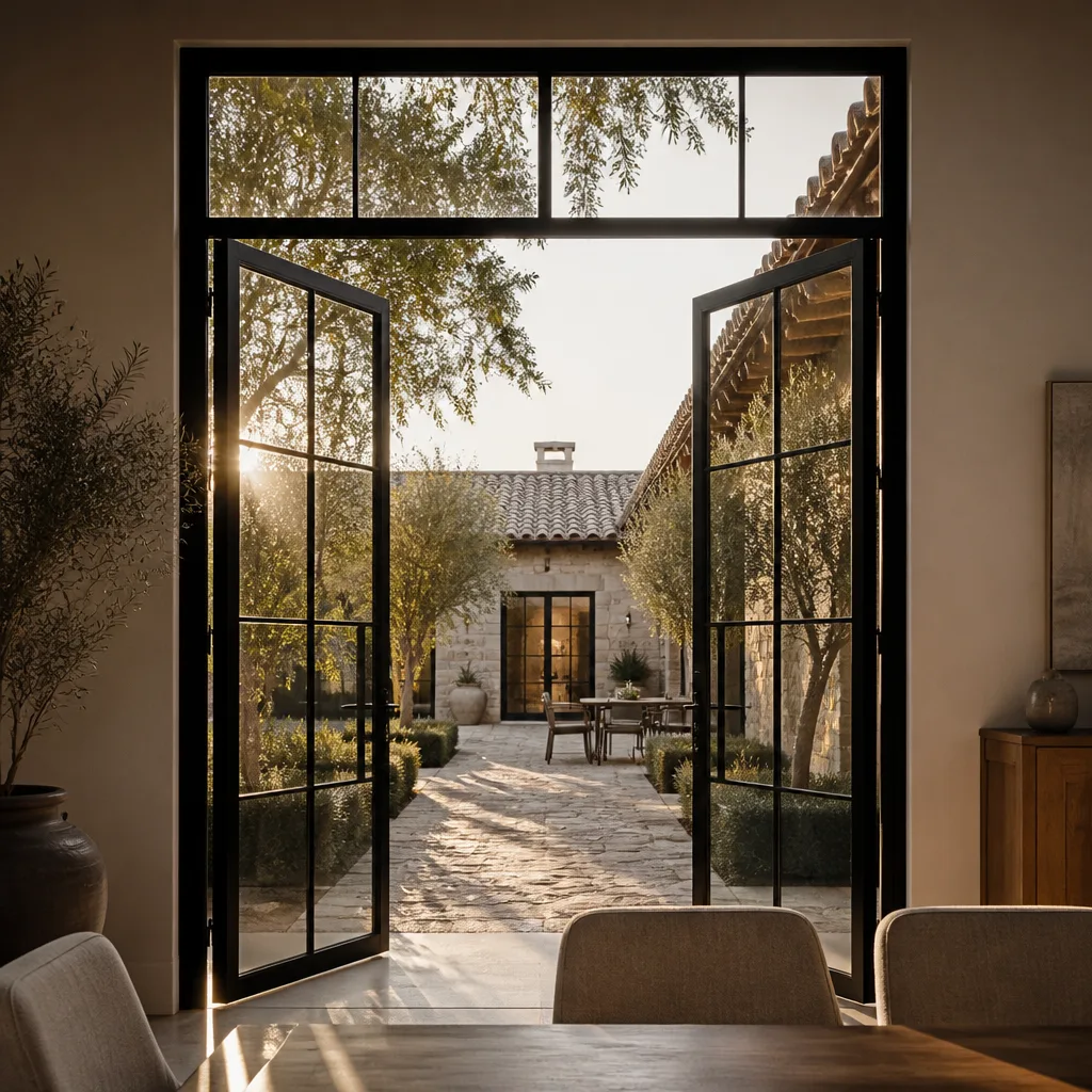 Modern black-framed French patio doors opening to a sunlit stone courtyard