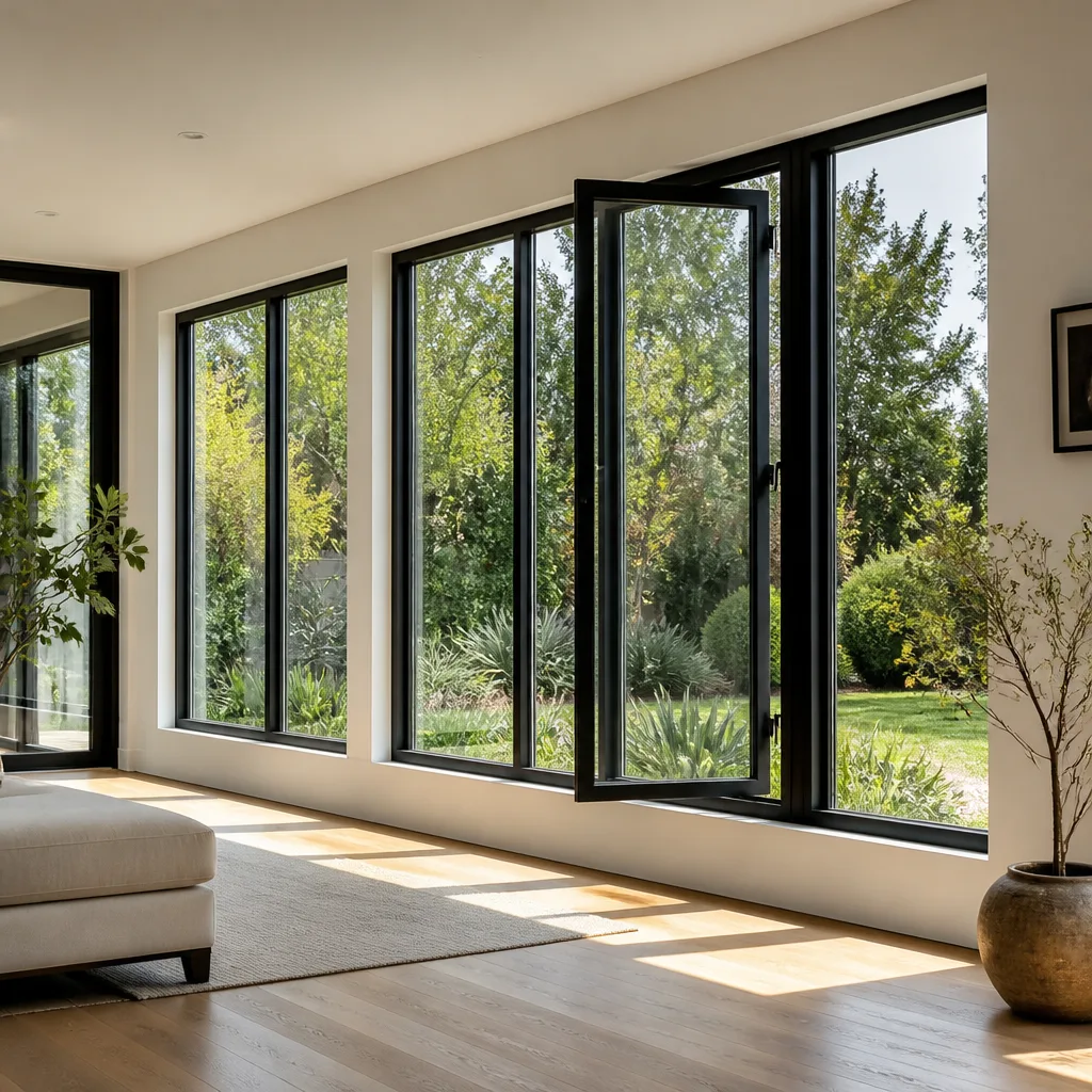 Modern interior featuring sleek black-framed casement windows opening to a garden
