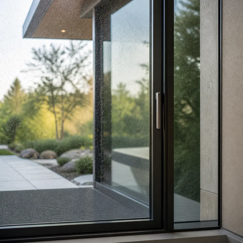 Modern window frame with a scenic outdoor garden view