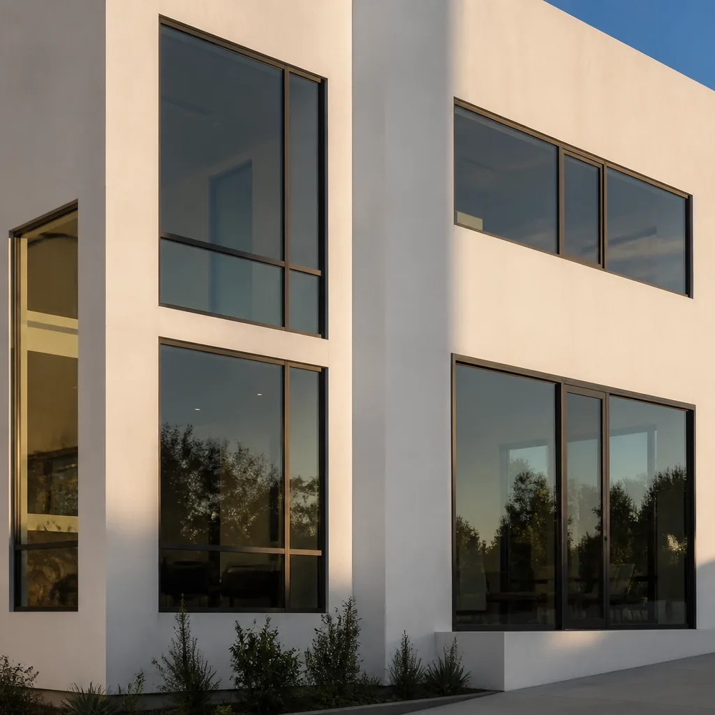 Modern house with sleek black-framed window and door installations