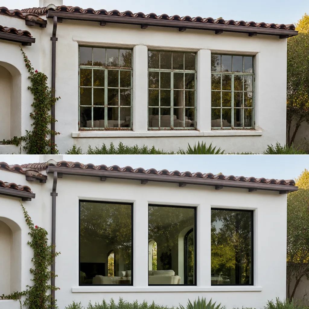 Before and after professional window replacement on a residential home exterior
