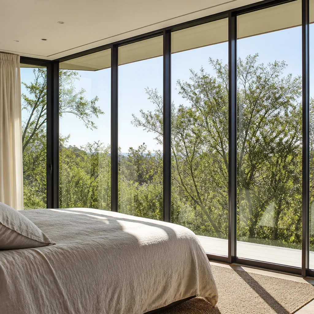 Modern floor-to-ceiling window installation in a bright, contemporary bedroom.