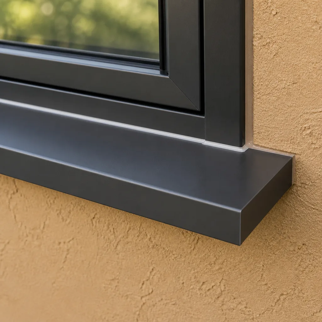 Modern black window sill replacement installation on a textured stucco wall
